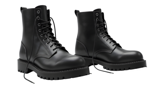 Trendy black leather combat boots with thick lug soles evoke edgy style and rugged sophistication fashion footwear