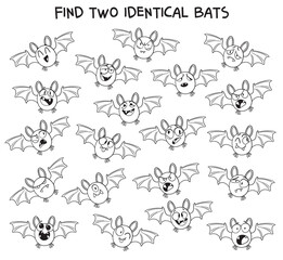 Funny Halloween puzzle with cute bats. Find two identical bats. Cartoon game for kids and educational printable activity. Perfect for Halloween party or learning fun. Coloring book