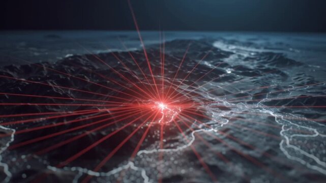 A futuristic high-tech map displaying geo-location triangulation graphics and digital overlays, showcasing advanced GPS tracking, global connectivity, and cinematic visualization of modern navigation