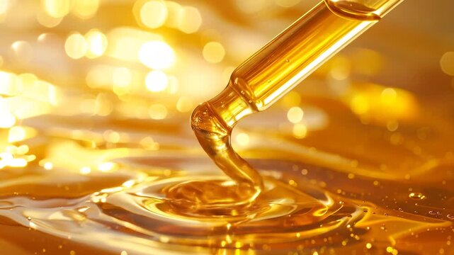 Golden Liquid Poured from Pipette Capturing Light and Reflections Close Up