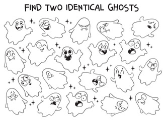 Funny Halloween puzzle with cute ghosts. Find two identical ghosts. Black and white doodle game for kids and coloring book page. Educational printable activity for children. Spot it