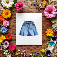 Cute denim skirt illustration surrounded by colorful flowers on an educational card design