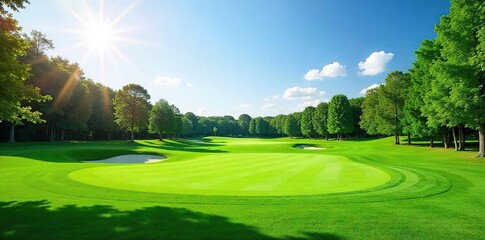Obraz premium Expansive Green Golf Course Fairways Under a Sunny Sky Perfect for Leisure and Outdoor Recreation