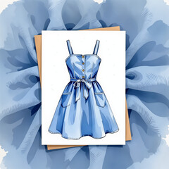 Stylish illustration of a blue denim sundress on a learning card with a soft background