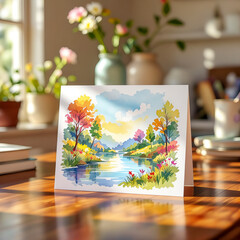 Vibrant landscape greeting card featuring a serene lake and colorful trees in a sunny environment