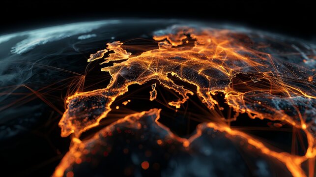 Europe's vibrant digital network glows across the globe, showcasing modern connections and future technologies with orange light trails and nodes