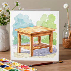Wooden table placed in a garden setting surrounded by greenery and art supplies on a creative card
