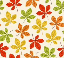 Colorful chestnut leaves seamless pattern. Yellow, red, green and orange leaves on a light background. Botanical autumn print. Vector illustration.
