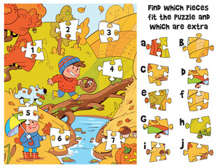 Autumn puzzle game for kids - find which pieces fit the picture and which are extra. Fun educational activity with children, dog, and fall landscape. Printable worksheet for learning. Spot it