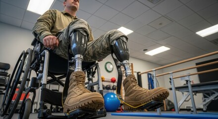 Military personnel recovering with advanced prosthetic limbs in a rehabilitation center, showcasing resilience and modern medical aid.