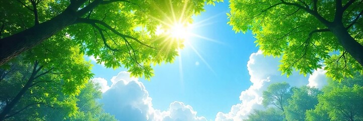 Sun-Dappled Sky Forest Canopy Vibrant Green Leaves Reaching for a Bright Blue Sky, Idyllic and Magical Nature Scene