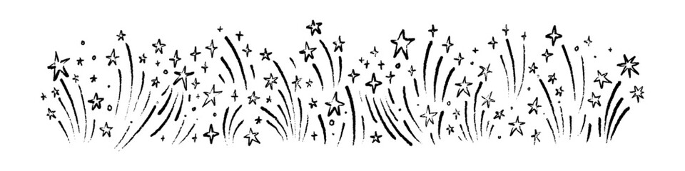 Hand drawn pencil firework background. Simple childish kid crayon drawing. Salute explosion sketch vector illustration. New year, Christmas, birthday, Diwali celebration doodle firecracker