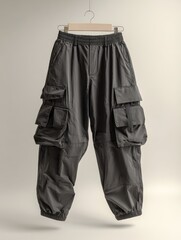 dark gray cargo pants hanging against minimalist white backdrop trousers feature multiple pockets offering practical stylish addition to wardrobe made from durable fabric suitable for everyday