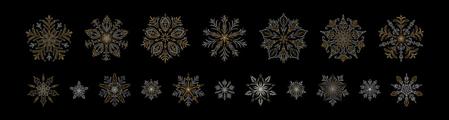 Set of luxury aesthetic gold and silver snow flakes. Hand drawn victorian filigree lae snowflakes. Merry Christmas and Happy New Year festive ornament. Twinkle, glitter, bling shiny drawing