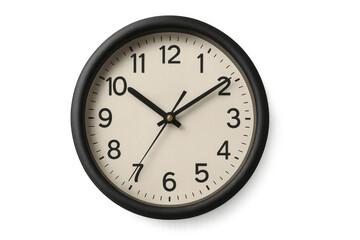 Round black wall clock displaying time with elegant minute, hour, second hands, transparent background