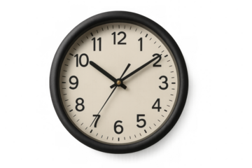 Round black wall clock displaying time with elegant minute, hour, second hands, transparent background