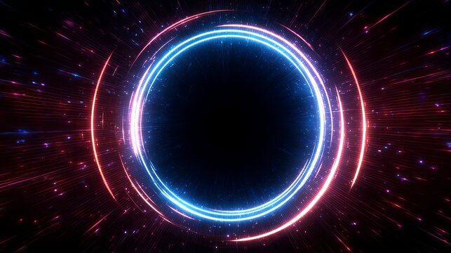 Dynamic portal with vibrant light streams for futuristic digital art and glowing neon circles, perfect for a modern technology presentation background