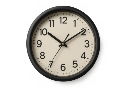 Round black wall clock displaying time with elegant minute, hour, second hands, transparent background - Powered by Adobe