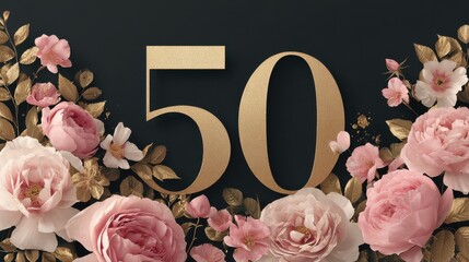 elegant 50th birthday card design featuring pink roses and golden accents