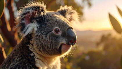 A close-up of a koala bear looking towards the sunrise