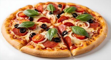 Freshly Baked Pizza with Pepperoni, Tomatoes, Olives, Onions, and Basil — Golden Crust and Melted Cheese in Eight-Slice Presentation