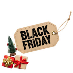 Black Friday Tag with Mini Tree and Gifts – Festive, Rustic Holiday Shopping Charm


