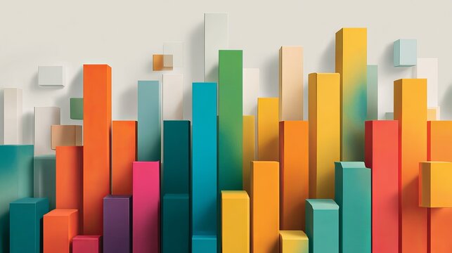 Vibrant 3D bar chart graph with diverse colorful bars ascending upwards showing growth and success in a modern abstract setting