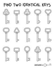 Educational puzzle for kids with different keys. Find two identical keys game for children. Logic and attention activity for preschool or elementary school students. Coloring book. Spot it