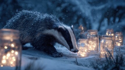 a badger explores a snowy landscape illuminated by glowing jars