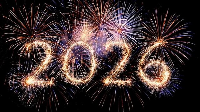Happy New Year 2026, New Year's Eve with fireworks. 2026 written in a shiny font made of fireworks against a black night sky. New Year's holiday. Explosions of fireworks and fireworks in the sky