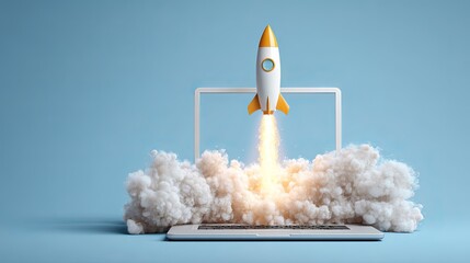 Dynamic rocket launch from laptop screen symbolizes rapid business growth, innovation, and digital transformation taking flight with explosive energy.