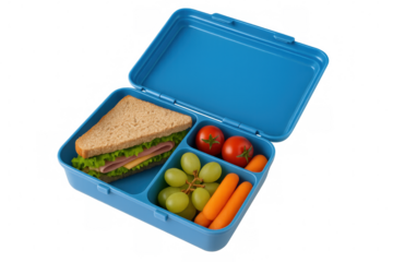 Kid's lunch box filled with sandwich, grapes, tomatoes, and carrots, providing a healthy school meal on transparent background