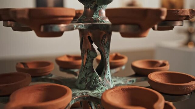 Decorative Multi-Tiered Stand with Traditional Terracotta Clay Oil Lamps.