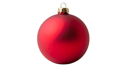 Isolated, perfectly round red ornament with a gold cap. Shiny surface, soft lighting