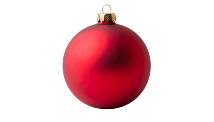 Isolated, perfectly round red ornament with a gold cap. Shiny surface, soft lighting