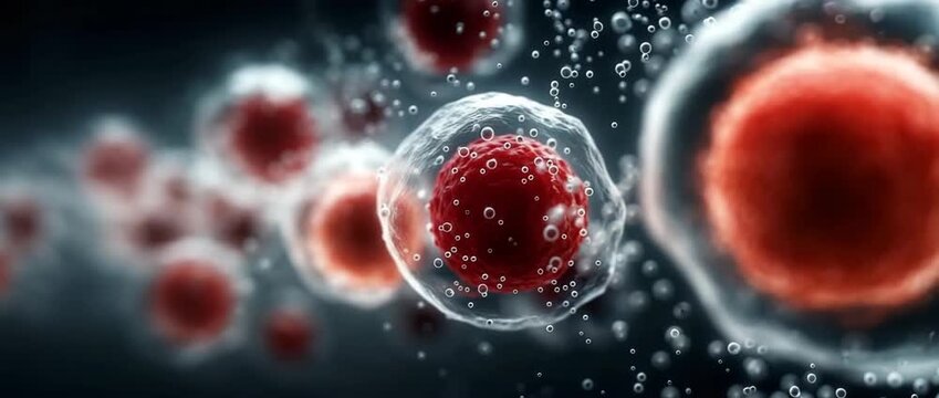 Microscopic view of biological cells with a red nucleus. 3D animation of a cellular structure for scientific research. Medical and biotechnology concept