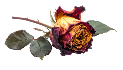 Close-up of a single, dying rose with dark red and yellow petals on a black background