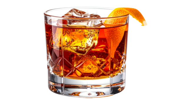 A crystal cut glass holds a brown mixed drink with large ice cubes and an orange peel garnish