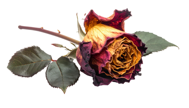 Close-up of a single, dying rose with dark red and yellow petals on a black background