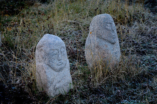6-8th century ancient Balbal grave marker or Kurgan stelae of Turks nomadic, Chuy Valley, Tokmok region, Kyrgyzstan.