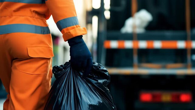 Sanitation worker carrying a garbage bag towards a truck. Close-up of a public service employee collecting waste on a city street. Essential labor and urban cleaning concept