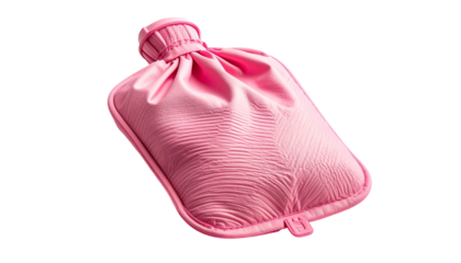 Pink, quilted hot water bottle, angled, against a black background; has a rounded top