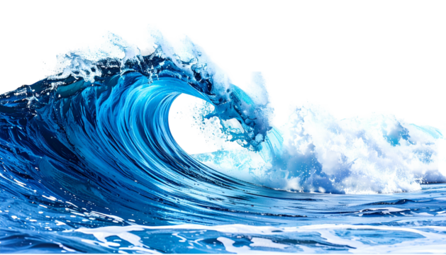 A transparent, high-definition ocean wave in various shades of blue, cresting towards the right