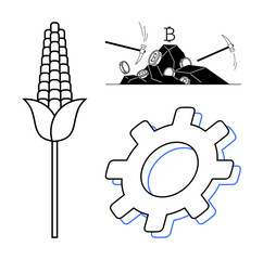 Corn stalk symbolizing agriculture, pickaxes mining Bitcoin from a pile symbolizing cryptocurrency, and a gear representing industry. Ideal for innovation, blockchain, economy, automation