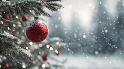 christmas tree decorated with festive lights and ornaments with a red holiday ball ornament prominently in the foreground against a snowy backdrop