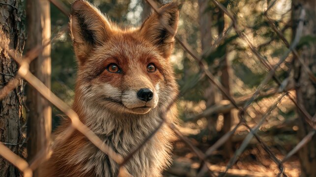 a vigilant fox stands behind the secure grid of an aimal enclosure observing ts surroundings with keen yes at a farm school