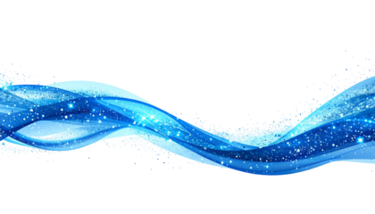 A flowing, stylized wave of blue ribbons with twinkling particles against a black backdrop