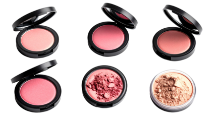 Six compacts of blush in various shades, open, displayed on a black background