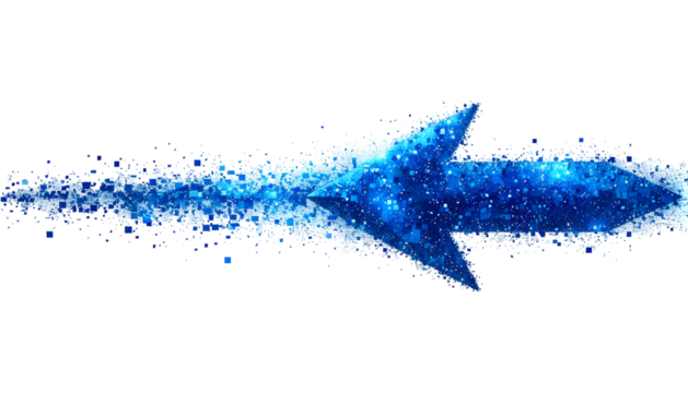 A stylized, bright blue arrow with pixelated edges, moving towards the right on a black backdrop