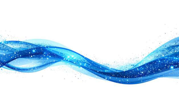 A flowing, stylized wave of blue ribbons with twinkling particles against a black backdrop